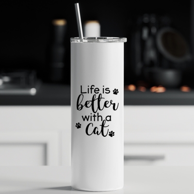 Ποτήρι θερμός μεταλλικό με καλαμάκι | Life is better with a cat