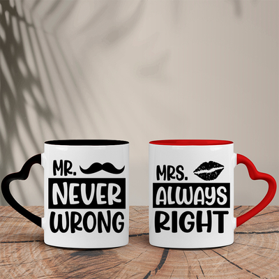 Σετ Δίχρωμες Κούπες Καρδιά | Mr. Never Wrong - Mrs Always Right