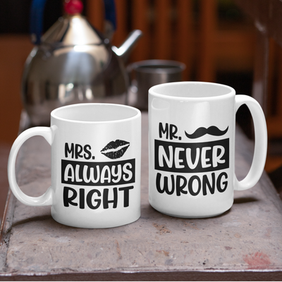 Σετ Λευκές Κούπες King-size & Queen-size | Mr. Never Wrong - Mrs Always Right