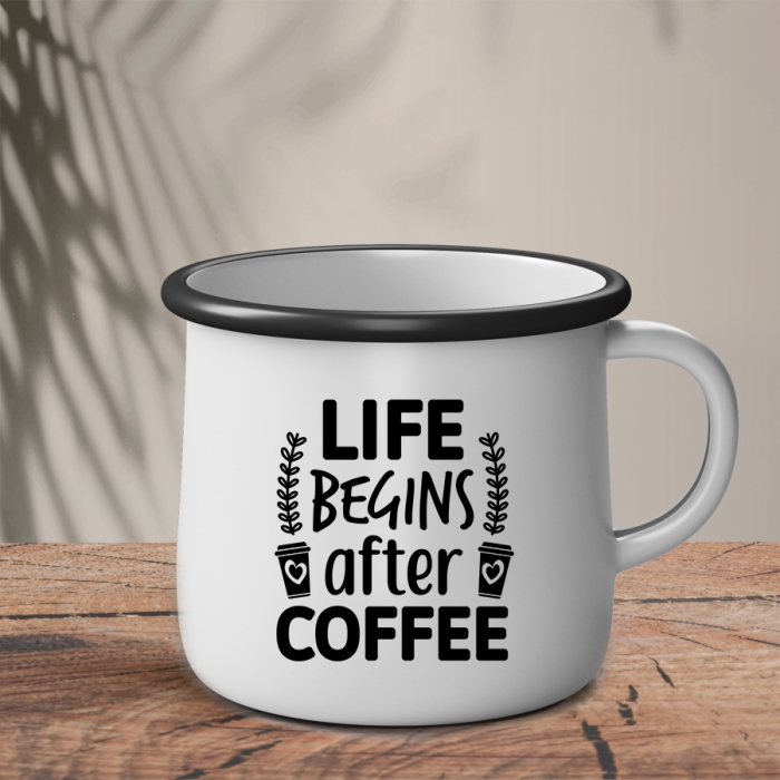 Εμαγιέ Κούπα | Άσπρο ~ Μαύρο | Life begins after Coffee