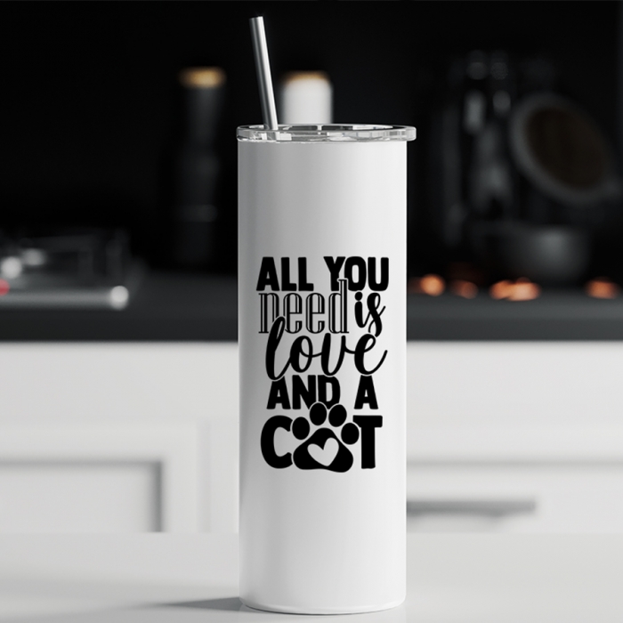 Ποτήρι θερμός μεταλλικό με καλαμάκι | All you need is love and a cat