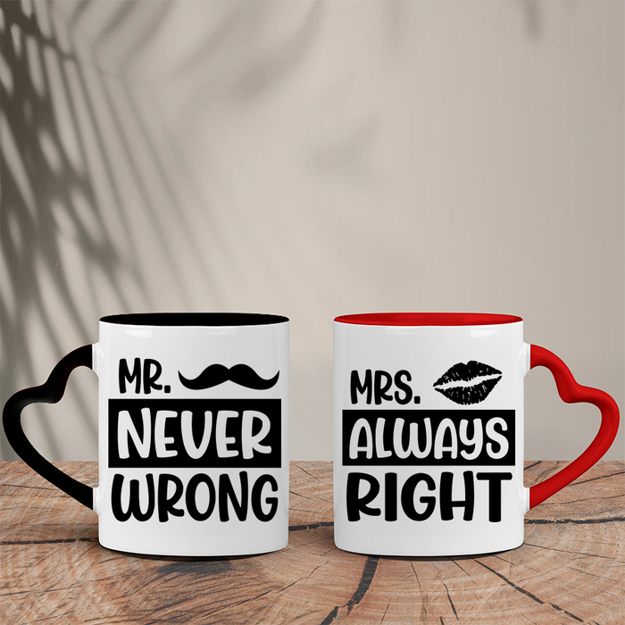 Σετ Δίχρωμες Κούπες Καρδιά | Mr. Never Wrong - Mrs Always Right